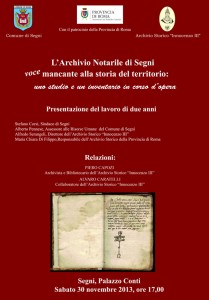 Segni. Archivio Storico “Innocenzo III”. La locandina dell’incontro