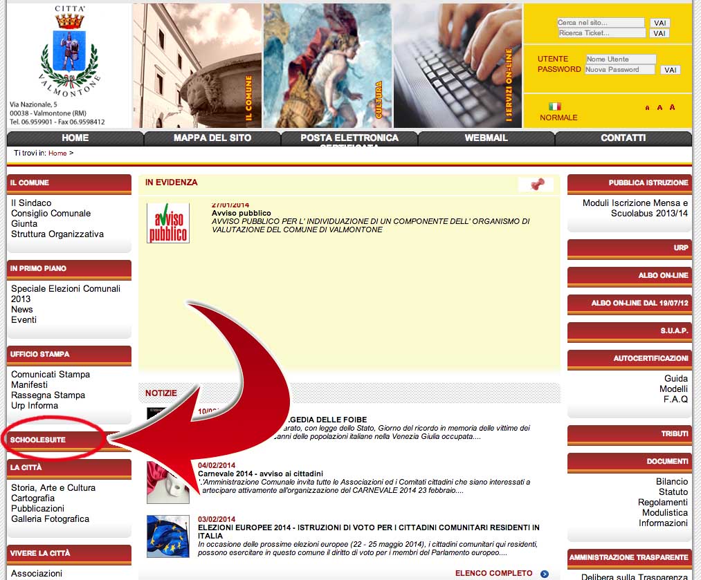 Valmontone SchoolSuite - Il link dal quale si accede al servizio