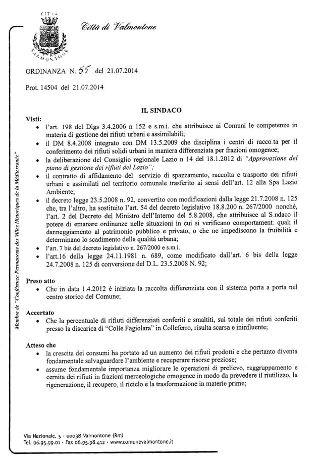 ordinanza 55 Valmontone 20140721 Raccolta Differenziata ordinanza 55 Valmontone 20140721 Raccolta Differenziata