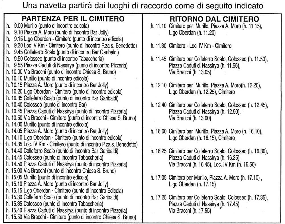 Orari e fermate bus gratuiti per il cimitero Orari e fermate bus gratuiti per il cimitero