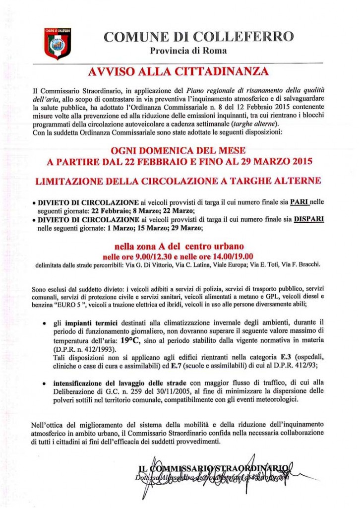 Colleferro. Limitazione della circolazione a targhe alterne Colleferro. Limitazione della circolazione a targhe alterne