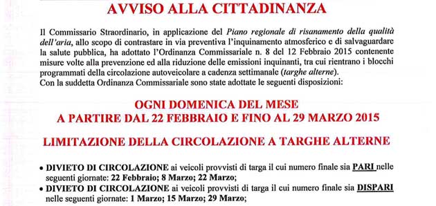 Colleferro. Limitazione della circolazione a targhe alterne