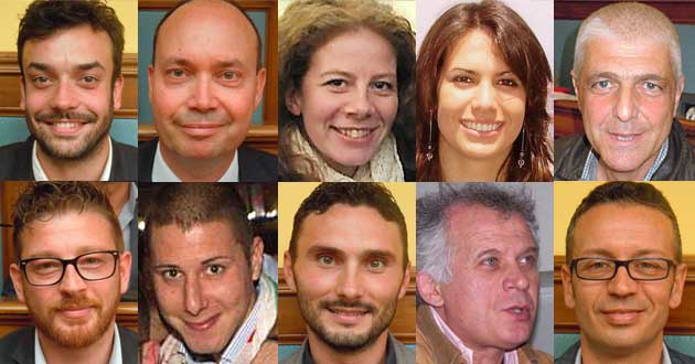 Dall’alto a sinistra: Francesco Guadagno, Luigi Moratti, Agnese Rossi, Benedetta Siniscalchi, Vincenzo Stendardo, Lorenzo Gangemi, Marco Palombi, Andrea Santucci, Mario Poli, Marco Gabrielli Consiglio-Comunale-Maggioranza